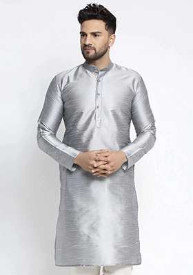 Silver Dupion Silk Blend Kurta For Men