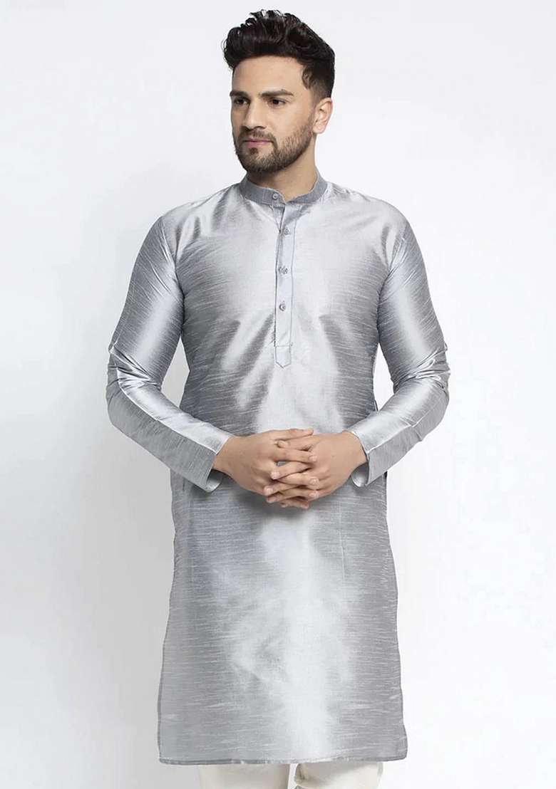 Silver Dupion Silk Blend Kurta For Men - Indya
