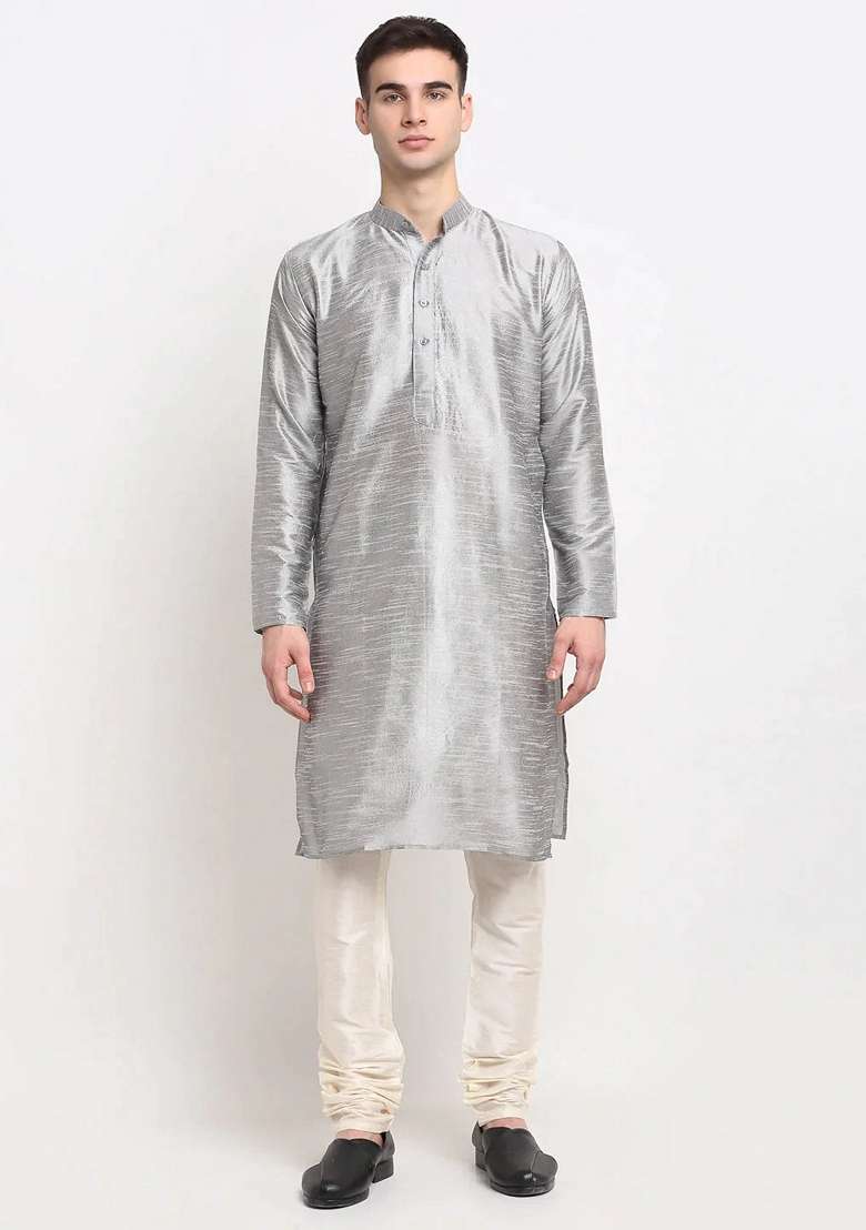 Silver Dupion Silk Blend Kurta For Men - Indya