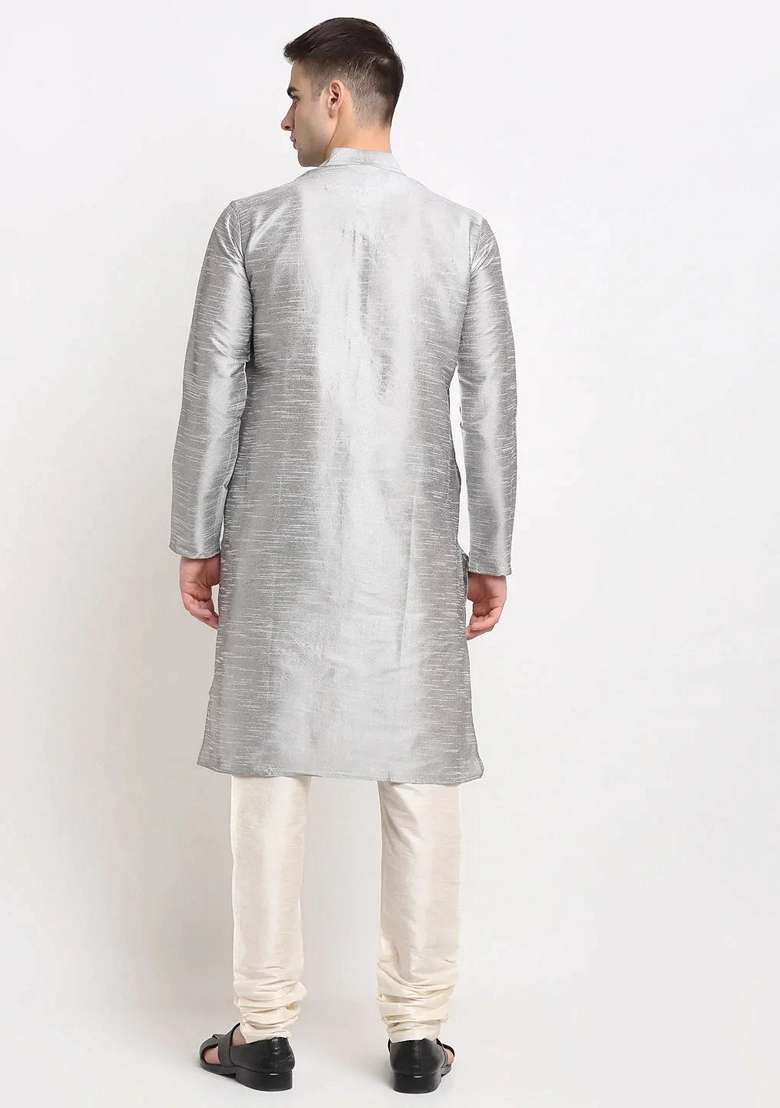 Silver Dupion Silk Blend Kurta For Men - Indya