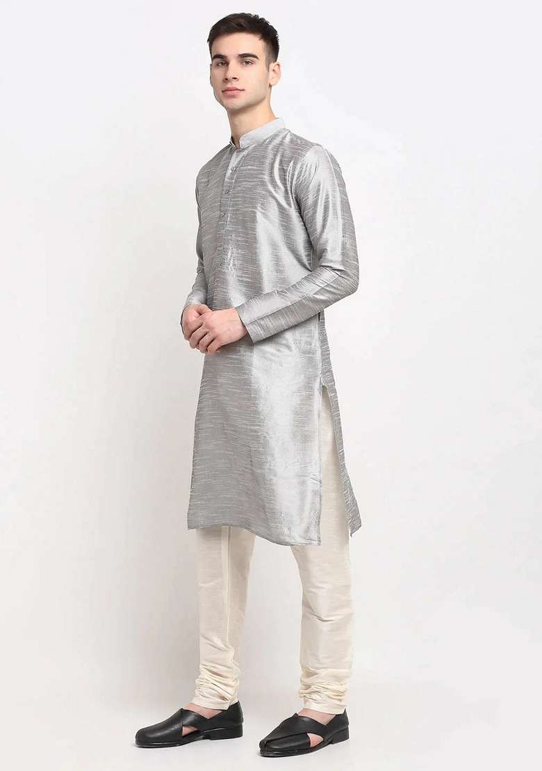 Silver Dupion Silk Blend Kurta For Men - Indya