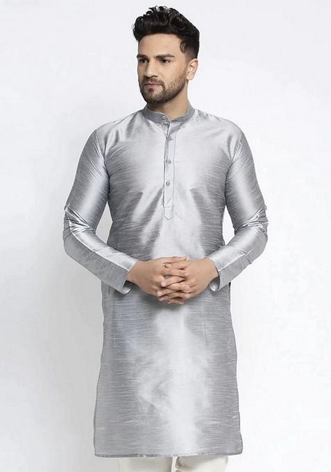 Silver Dupion Silk Kurta For Men