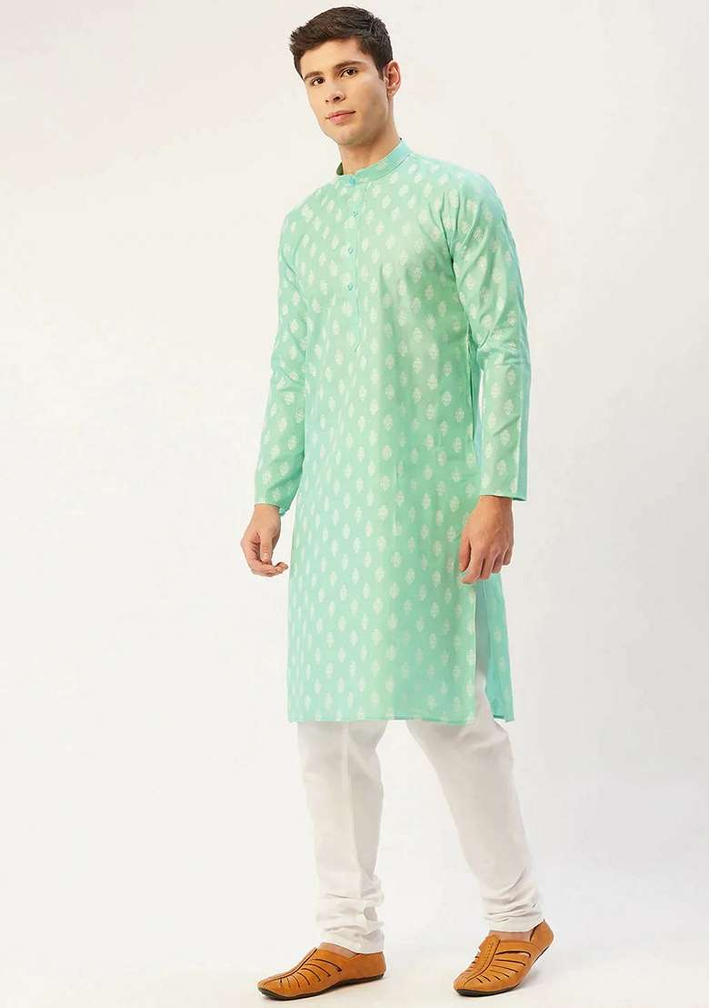 Green Printed Cotton Kurta For Men - Indya