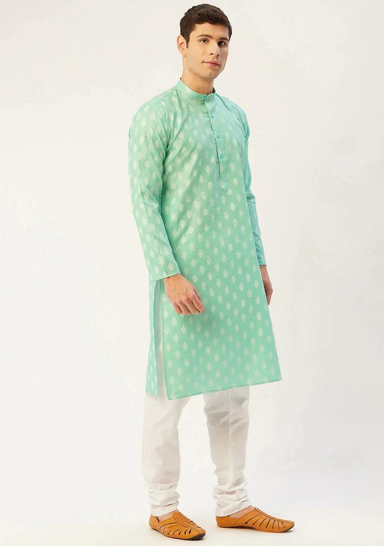 Green Printed Cotton Kurta For Men - Indya