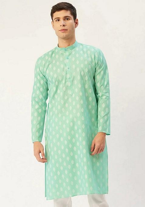 Green Printed Cotton Kurta For Men