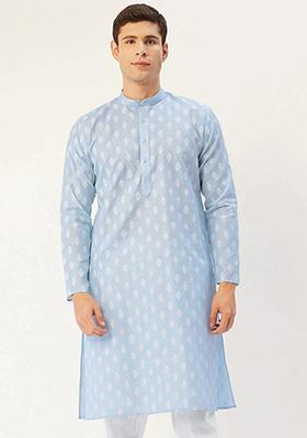 Sky Blue Printed Cotton Kurta For Men