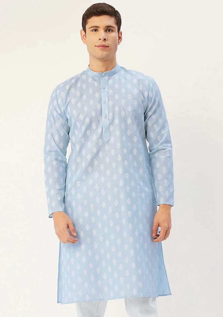Sky Blue Printed Cotton Kurta For Men - Indya