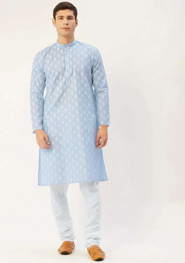 Sky Blue Printed Cotton Kurta For Men - Indya
