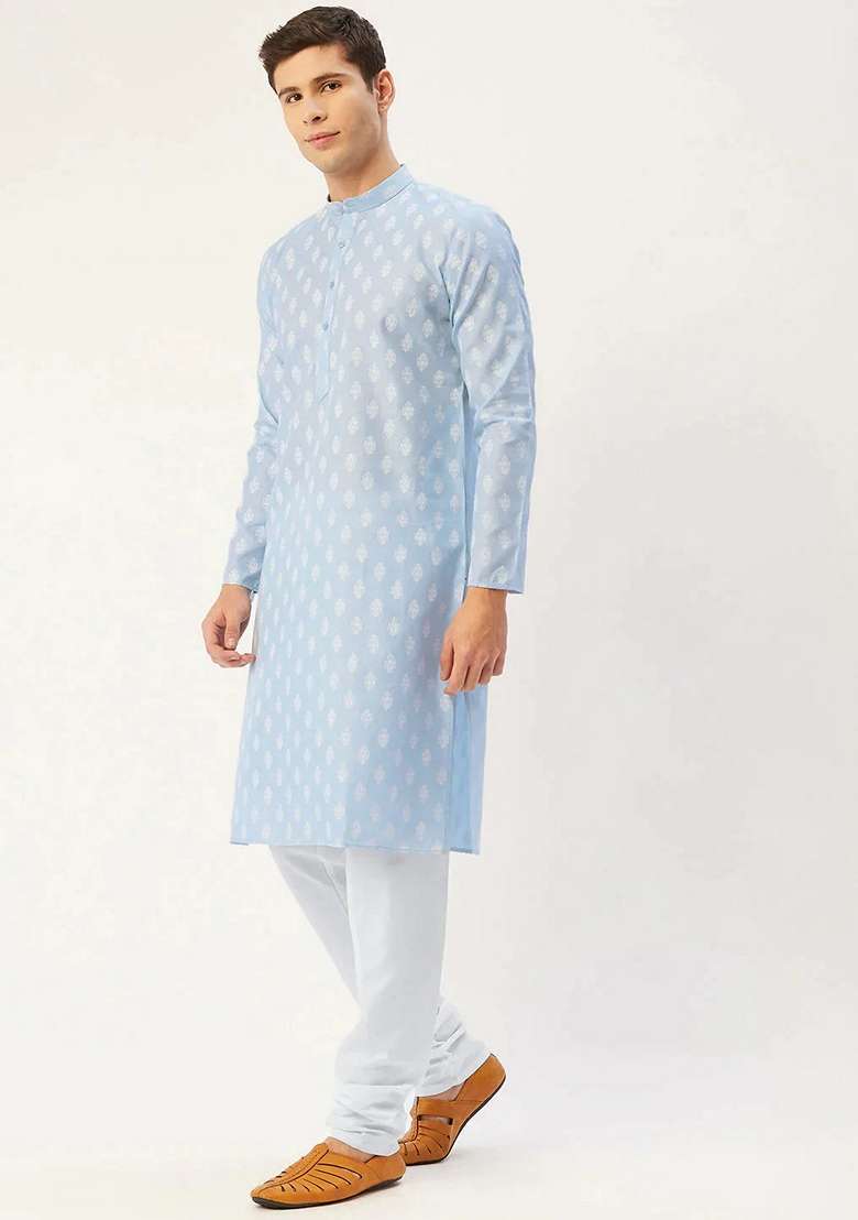 Sky Blue Printed Cotton Kurta For Men - Indya