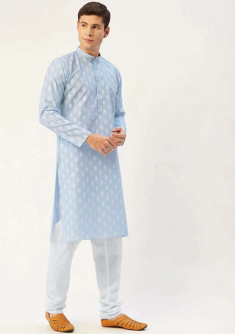 Sky Blue Printed Cotton Kurta For Men - Indya