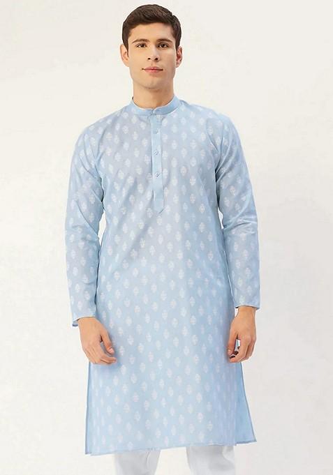 Sky Blue Printed Cotton Kurta For Men