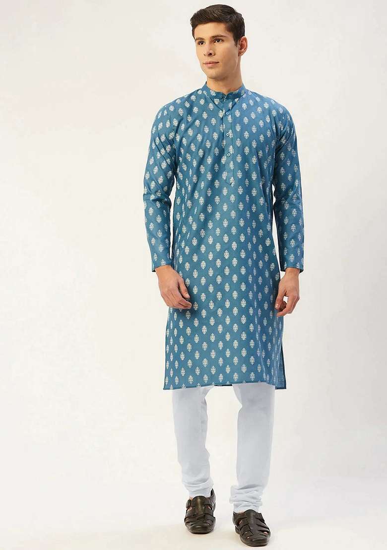 Teal Blue Printed Cotton Kurta For Men - Indya