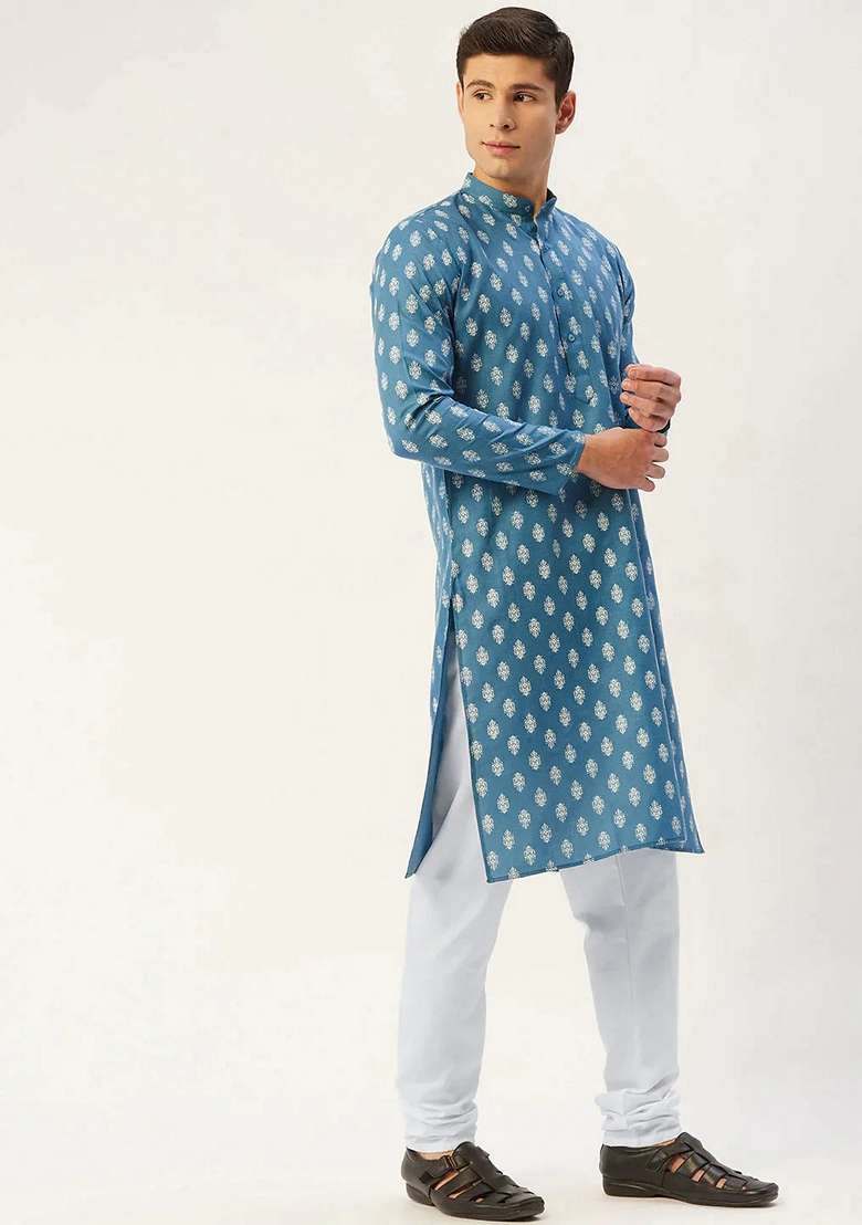 Teal Blue Printed Cotton Kurta For Men - Indya