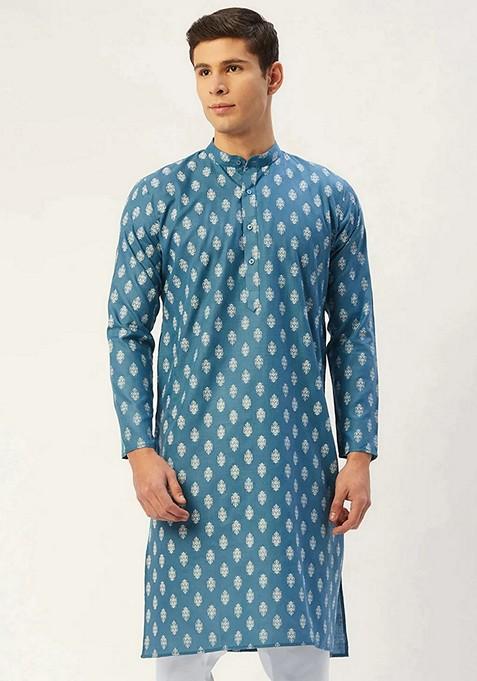 Teal Blue Printed Cotton Kurta For Men