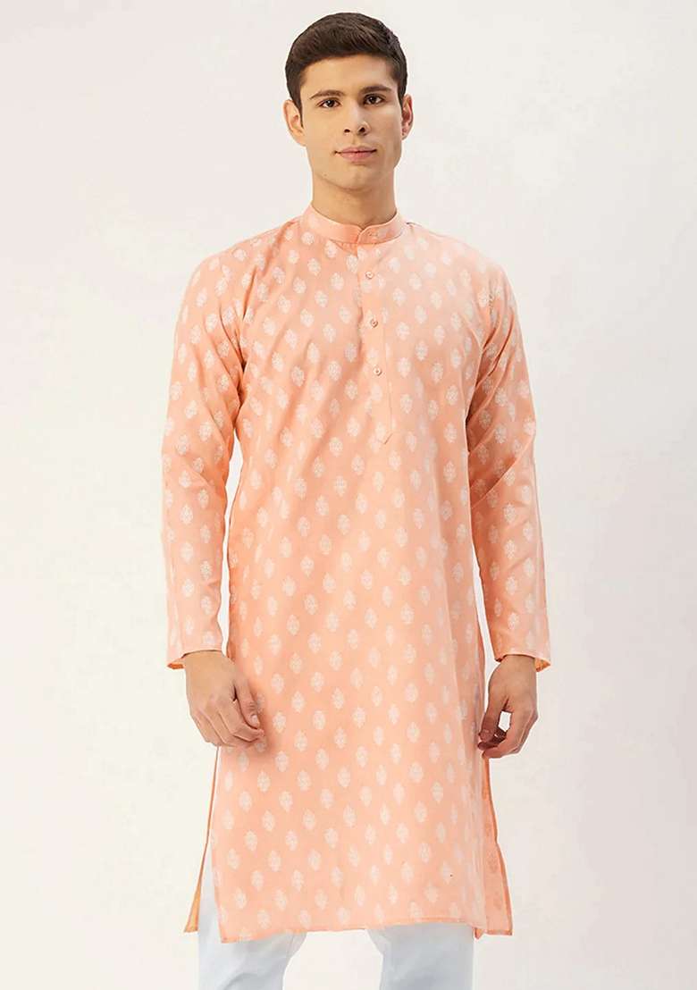 Peach Printed Cotton Kurta For Men - Indya
