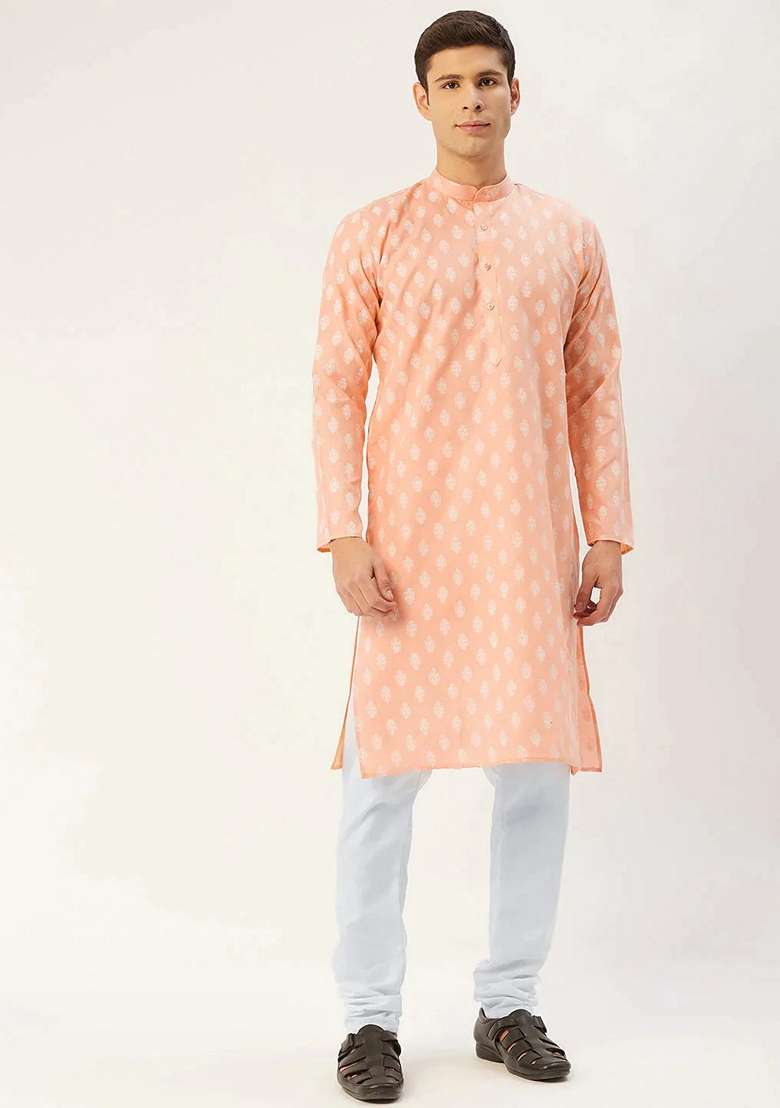 Peach Printed Cotton Kurta For Men - Indya