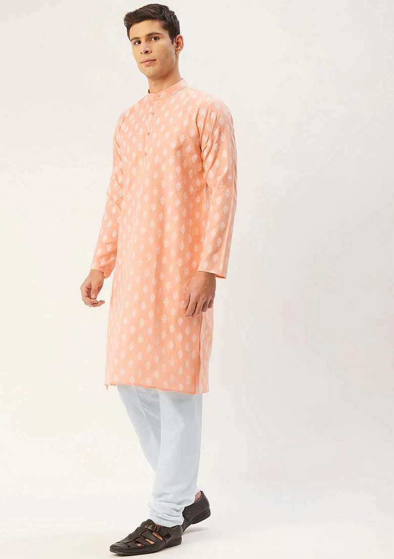 Peach Printed Cotton Kurta For Men - Indya