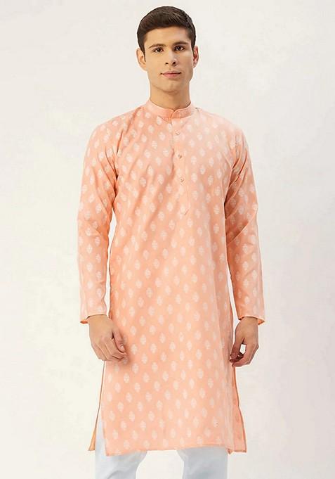 Peach Printed Cotton Kurta For Men