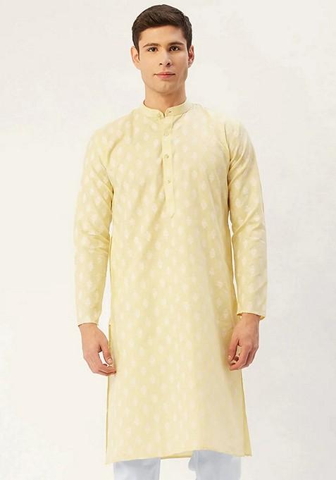 Yellow Printed Cotton Kurta For Men