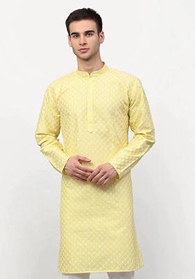 Yellow Chikankari Silk Blend Kurta For Men