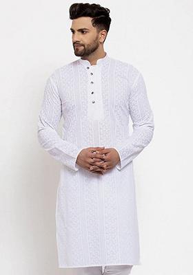 White Embroidered Cotton Kurta For Men