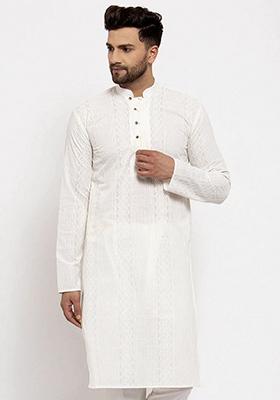 Cream Embroidered Cotton Kurta For Men