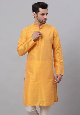 Yellow Dupion Silk Kurta For Men