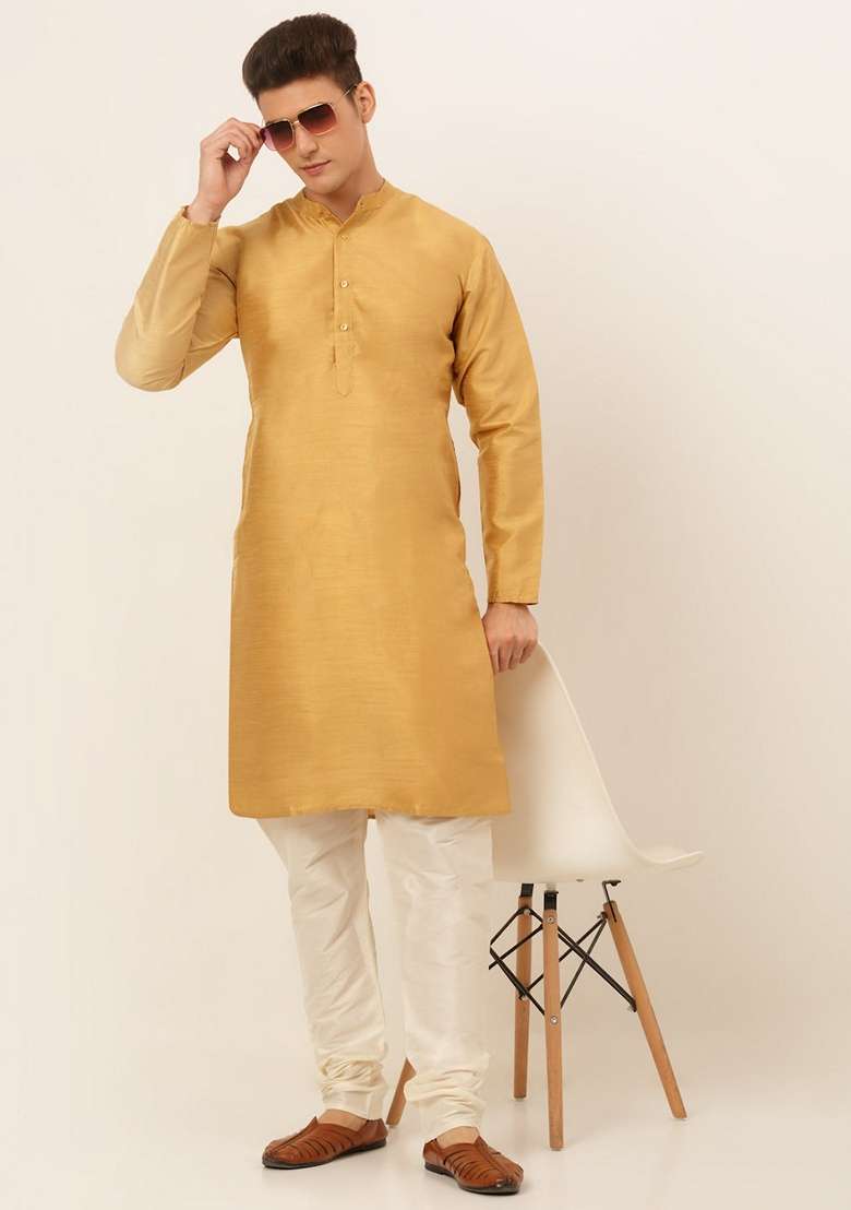Golden Dupion Silk Blend Kurta For Men - Indya