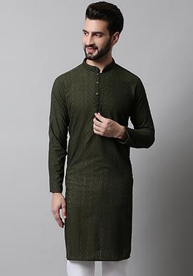 Olive Embroidered Cotton Kurta For Men