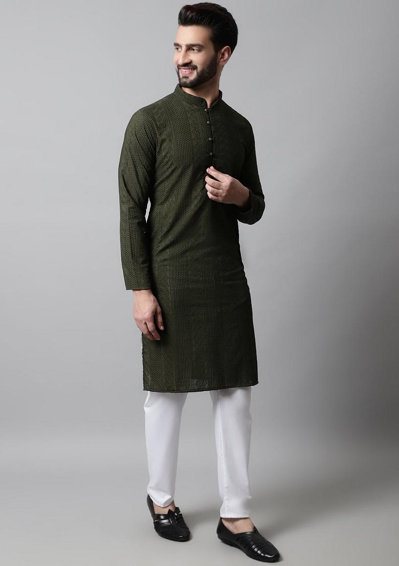 Olive Embroidered Cotton Kurta For Men - Indya