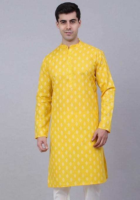 Lemon Green Printed Cotton Kurta For Men