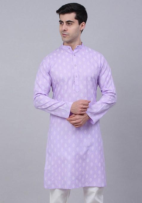 Purple Printed Cotton Kurta For Men