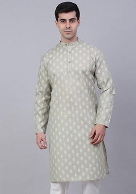 Grey Printed Cotton Kurta For Men