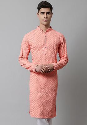 Peach Embroidered Cotton Kurta For Men