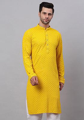 Yellow Embroidered Cotton Kurta For Men