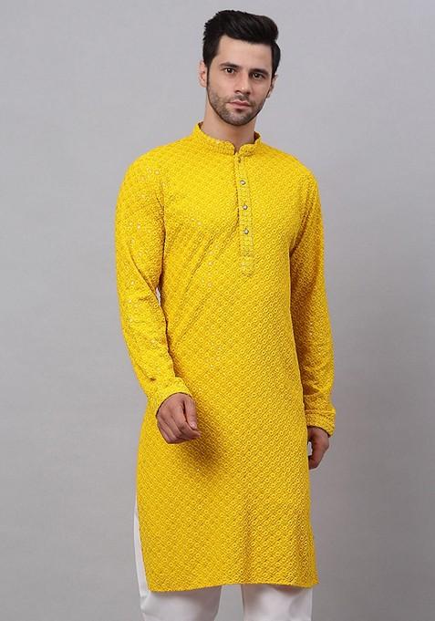 Yellow Embroidered Cotton Kurta For Men