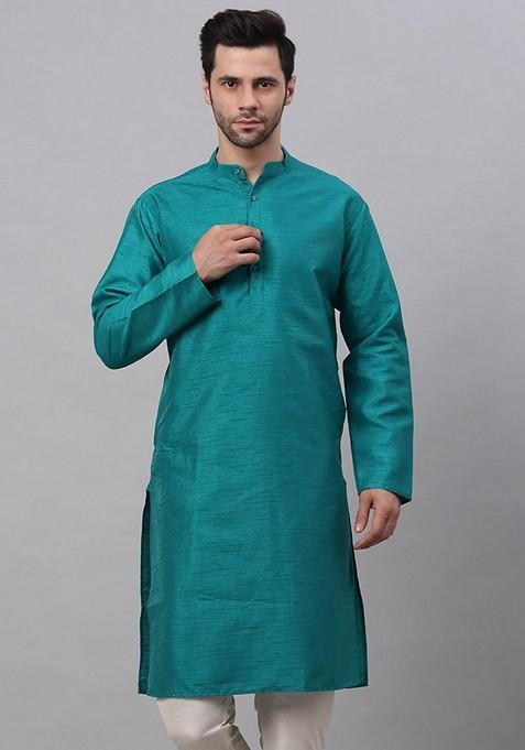 Teal Blue Cotton Kurta For Men