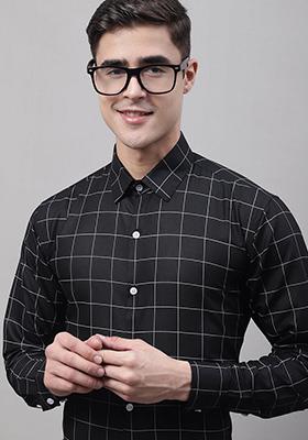 Black Checkered Cotton Shirt For Men