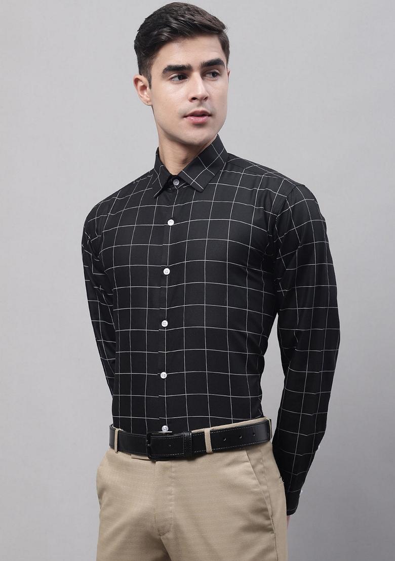 Black Checkered Cotton Shirt For Men