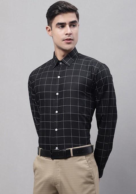 Black Checkered Cotton Shirt For Men