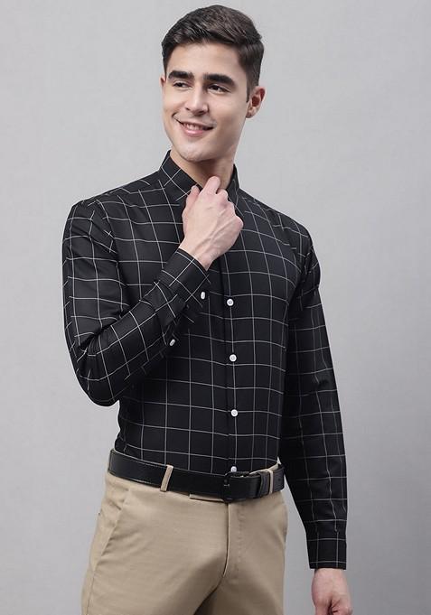 Black Checkered Cotton Shirt For Men
