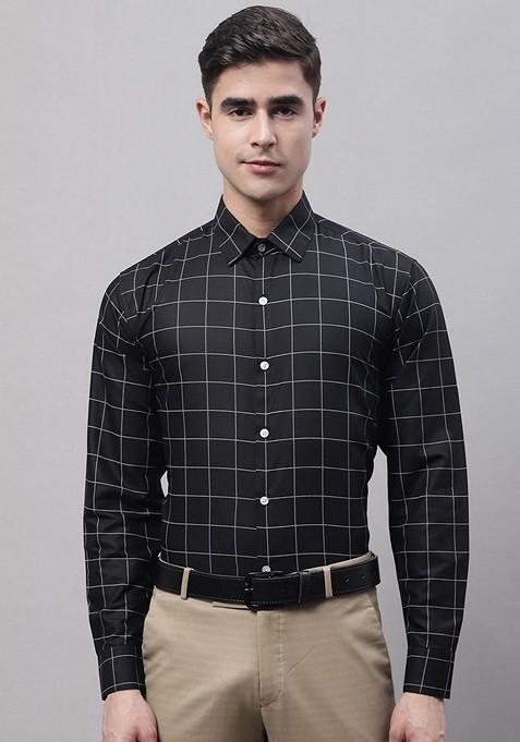 Black Checkered Cotton Shirt For Men