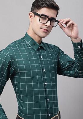 Green Checkered Cotton Shirt For Men