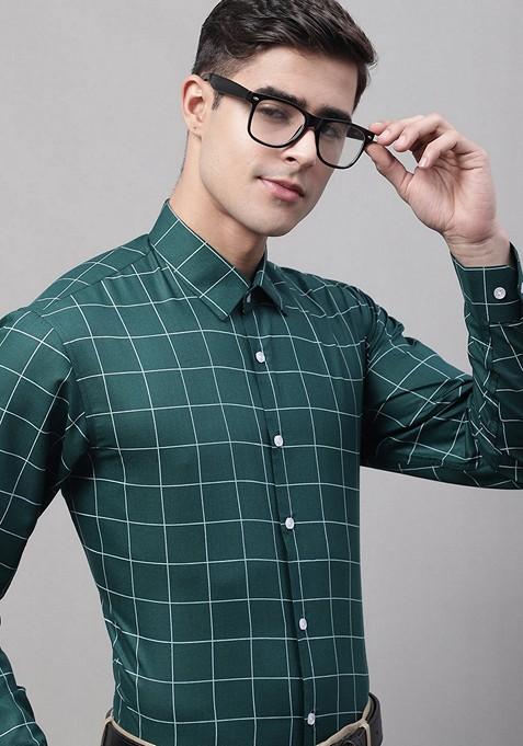 Green Checkered Cotton Shirt For Men