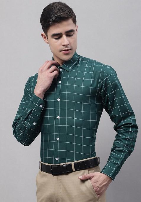 Green Checkered Cotton Shirt For Men