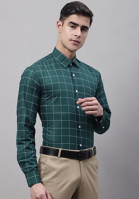 Green Checkered Cotton Shirt For Men
