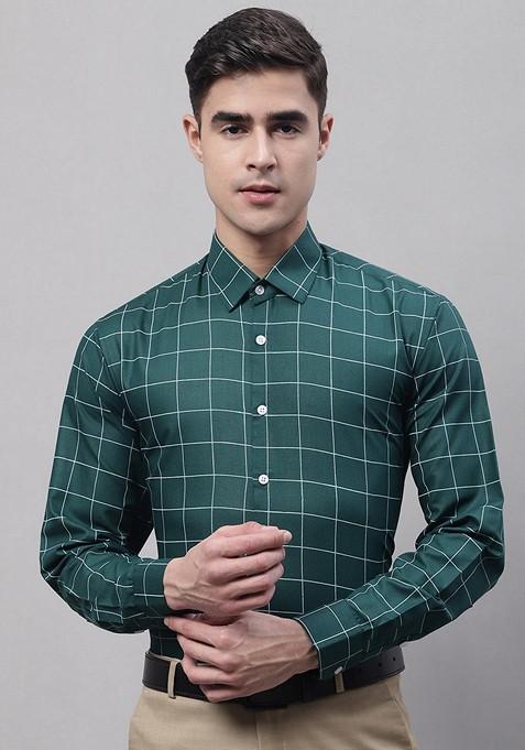 Green Checkered Cotton Shirt For Men