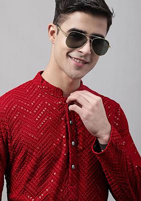 Maroon Embroidered Cotton Kurta For Men