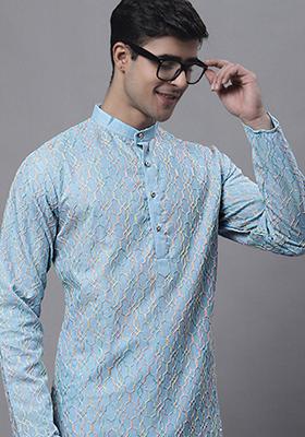 Sky Blue Embroidered Cotton Kurta For Men