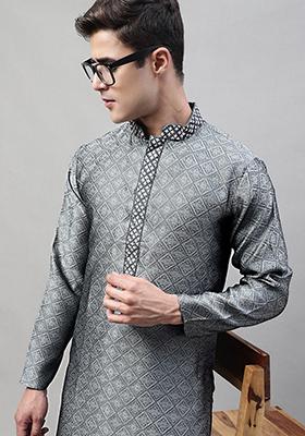 Grey Woven Design Cotton Kurta For Men